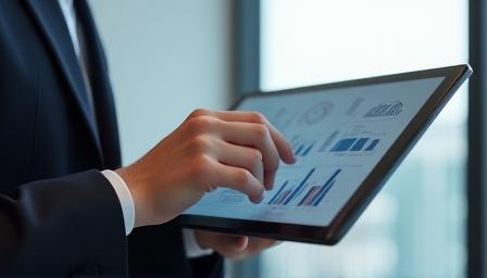 Person analyzing data on a sleek tablet in a modern office