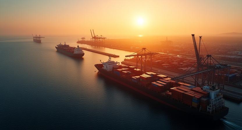 Global logistics and shipping containers at sunset