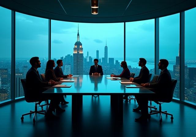 Professional corporate consulting meeting overlooking New York City skyline